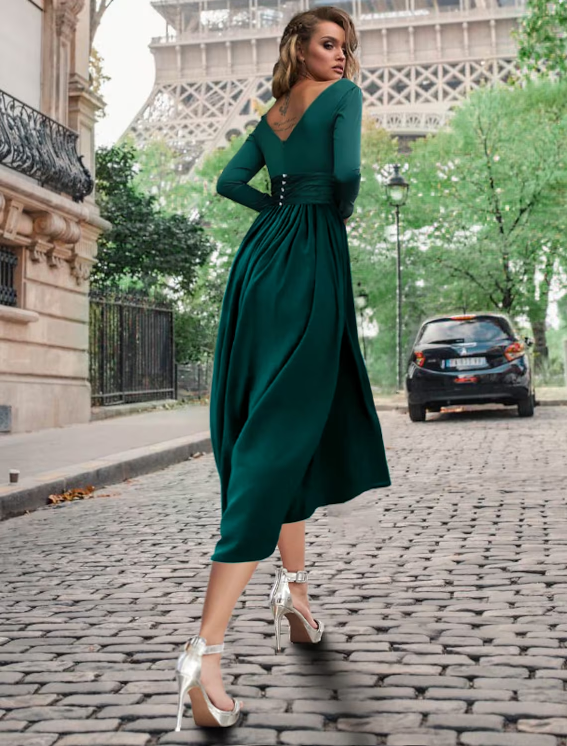 Luolandi A-Line Cocktail Dresses Empire Dress Formal Tea Length Long Sleeve Cowl Neck Chiffon with Buttons